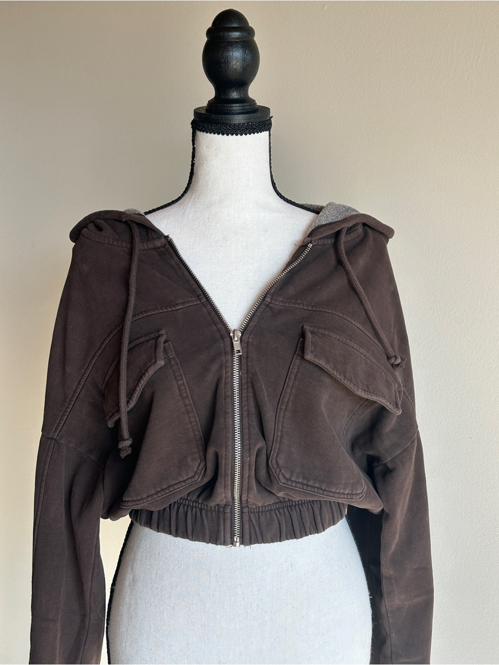 Harlow Brown Cropped Hooded Zip-Up Cinched Jacket Small